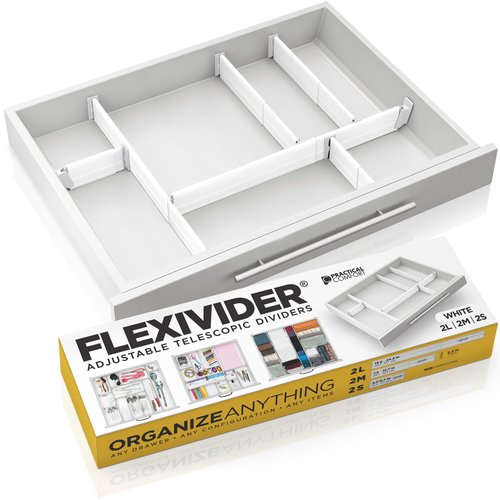Practical Comfort Custom Drawer Organizer 6 Adjustable Aluminum Dividers, White – For Kitchen, Bathroom, Office, and More