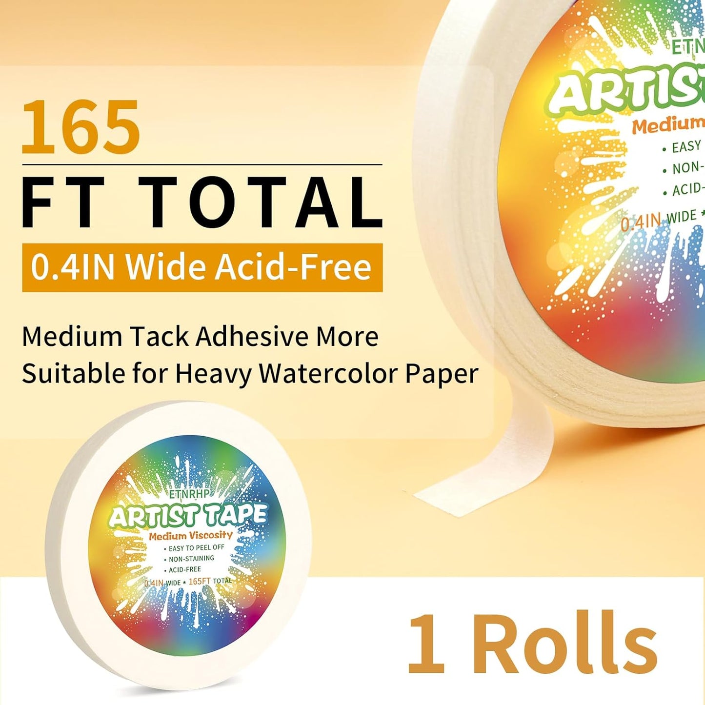 Skiennix White Art Tape - Medium Tack Acid-Free Masking Tape for Watercolor Painting | 0.4 Inch Wide, 165FT Long