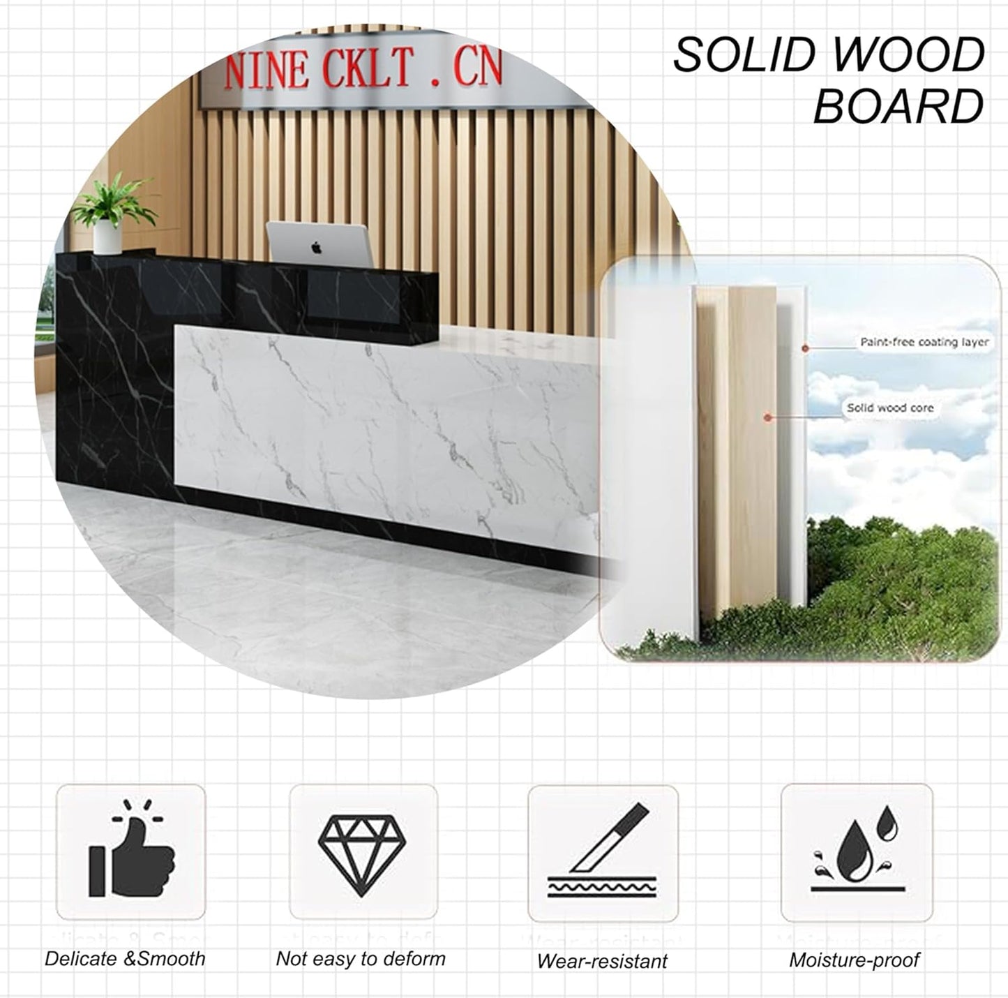 Skiennix Wood Reception Desk - Modern L-Shaped Marble Stone Checkout Counter with Storage Drawers for Salon & Retail