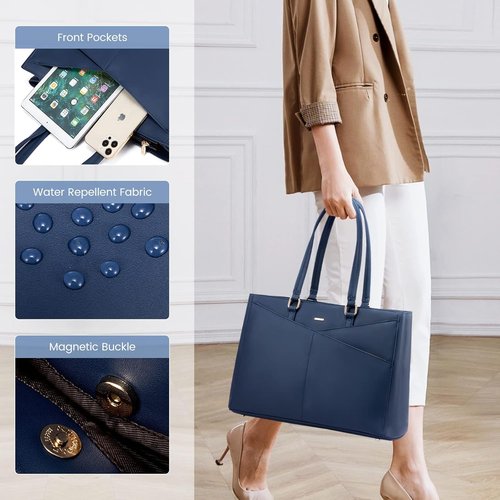 LOVEVOOK Laptop Tote Bag - 15.6 Inch Waterproof Leather Briefcase for Women | Navy Blue