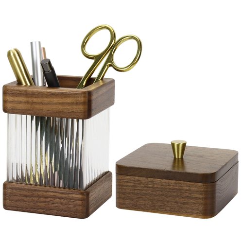 MultiBey 2PCS Walnut Desk Organizer Set, Wooden Pen Holder and Paper Clip Holder Box with Lid, Pencil Cup Pot for Desk, Wood Paper Clip Dispenser, Desktop Storage Accessories Wooden Stationery