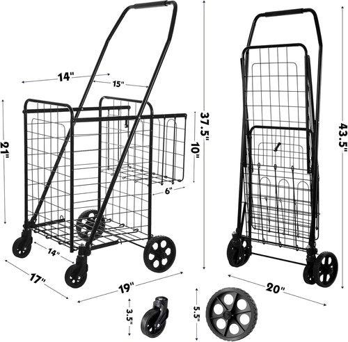 BIEAMA Folding Grocery Cart - 200 Lb Capacity Utility Cart with 360° Swivel Wheels | Medium & Extra Basket