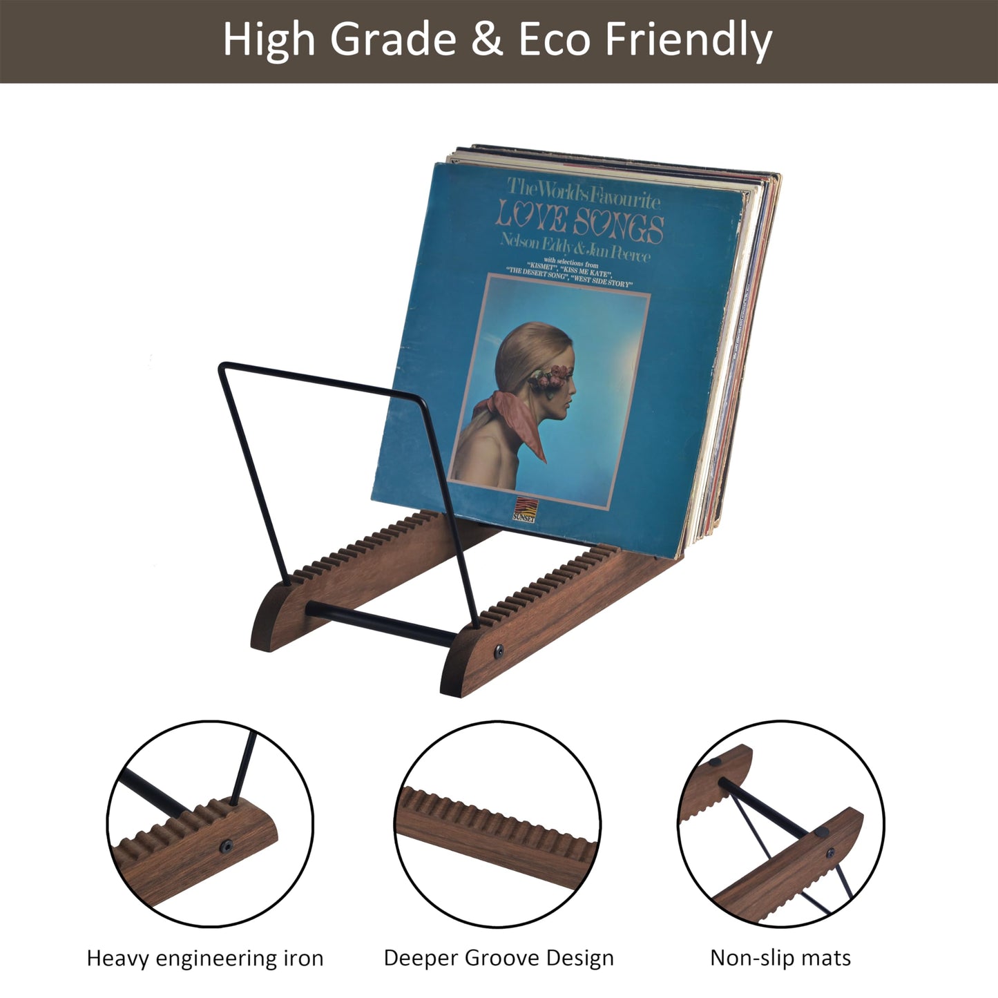 Extra-Large Vinyl Record Storage Holder Modern Album Display Solid Wood Stand with Black Metal Rack Home Decor Organizer for Vinyl Record, Holds up to 75 Albums, 14.2''L x 8.1''W x 10.7''H