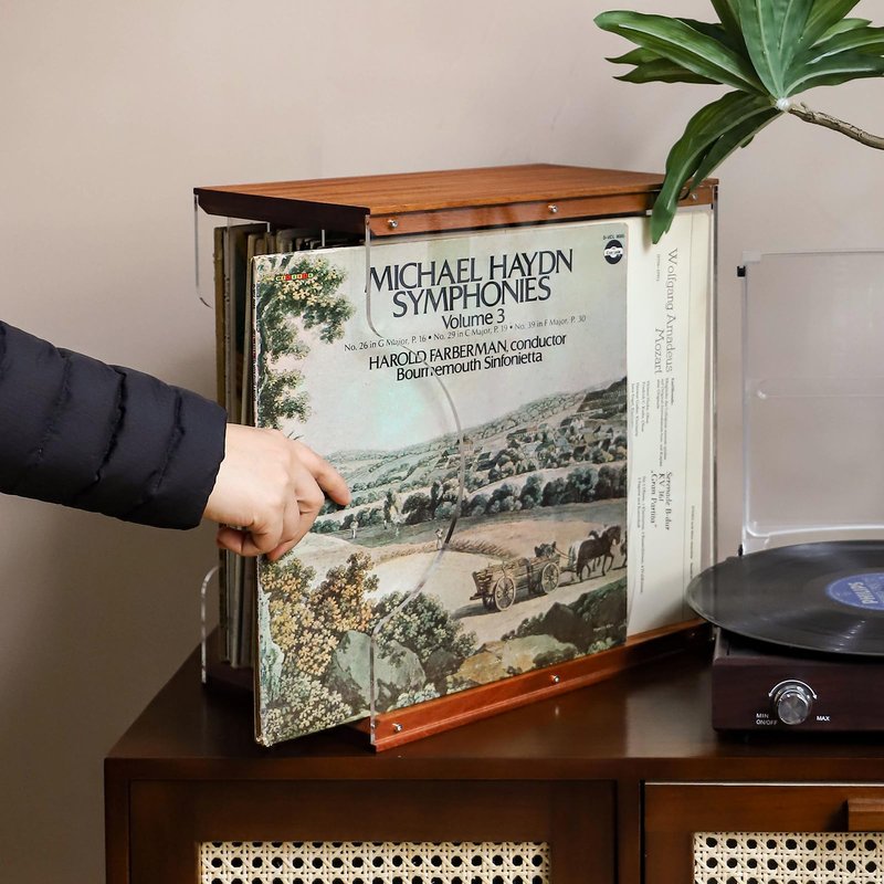 Vinyl Record Storage Holder,Stacks up to 30 Albums, Solid Wood & Clear Acrylic,Canbe stack,Premium Display, Simple and Contemporary Concept Design for 12” Records LP, DVDs, or CDs (black walnut, 3)