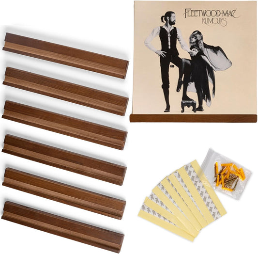 Vinyl Record Holder by Pinewood - Pack of 6 Wall Mounts with 2 Mounting Options | Walnut Stain Finish