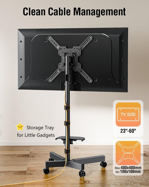 ELIVED Rolling TV Stand for Most 23"-60" TVs, Mobile TV Cart 90° Rotation Landscape to Portrait, Height Adjustable Floor TV Stand with Extendable Base, Max VESA 400x400mm, Up to 77 Lbs, YD2114B