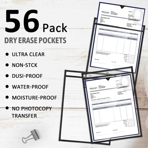 56 Pack Job Ticket Holders Reusable Dry Erase Pockets Plastic 10 x 13.8 Inch Shop Ticket Holders Sheet Protectors Job Order Pockets Teacher Supplies for Office Classroom Organization (Black)