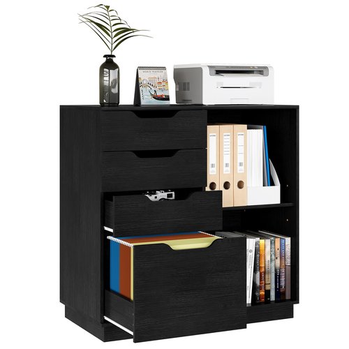 Senhoglb Lateral File Cabinet with 4 Storage Drawers, Large Office Printer Stand for Letter A4 Size File Folders, Adjustable Shelf, Black