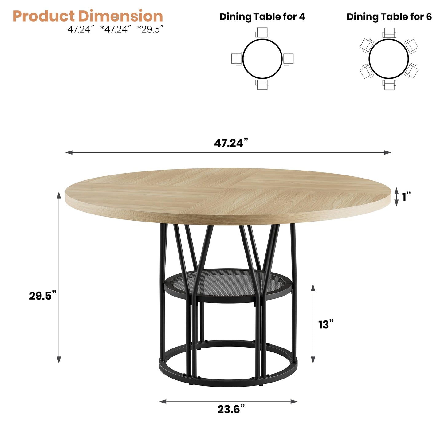 Garvee Round Dinning Table for 4-6 - 47" Circle Dinner Table with Storage Shelf & Sturdy Metal Frame, Modern Breakfast Tea Desk for Kitchen, Living Room, Apartment, Office, Natural