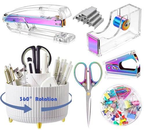 Gawsey Desk Organizers and Accessories 7Pcs Set with 360-Degree Rotating Pen Holder, Acrylic Stapler, Tape Holder, Staple Remover, Binder/Paper Clips Kit, Scissor and 1 Box of Staples (Colorful)