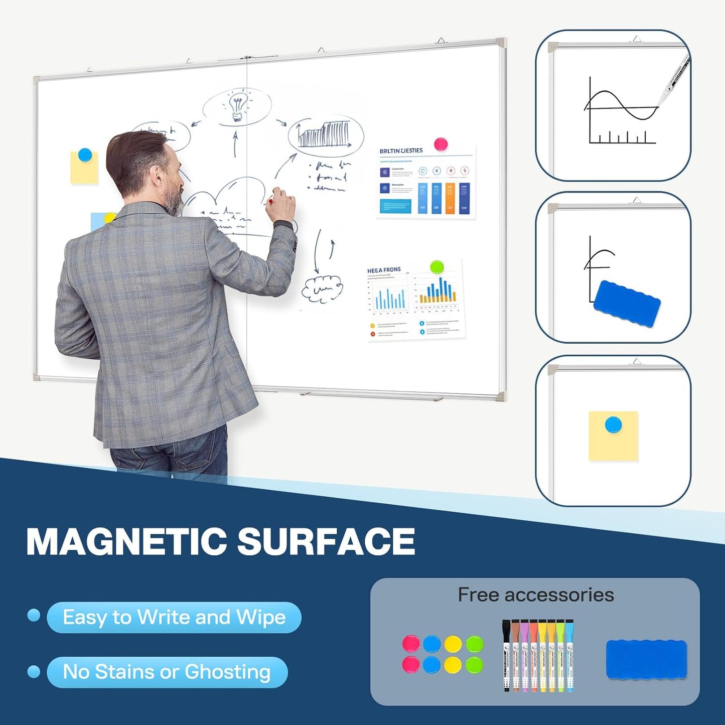 WALGLASS Large Dry Erase Board - Double-Sided Magnetic Whiteboard, 60" x 48" for Office & Home