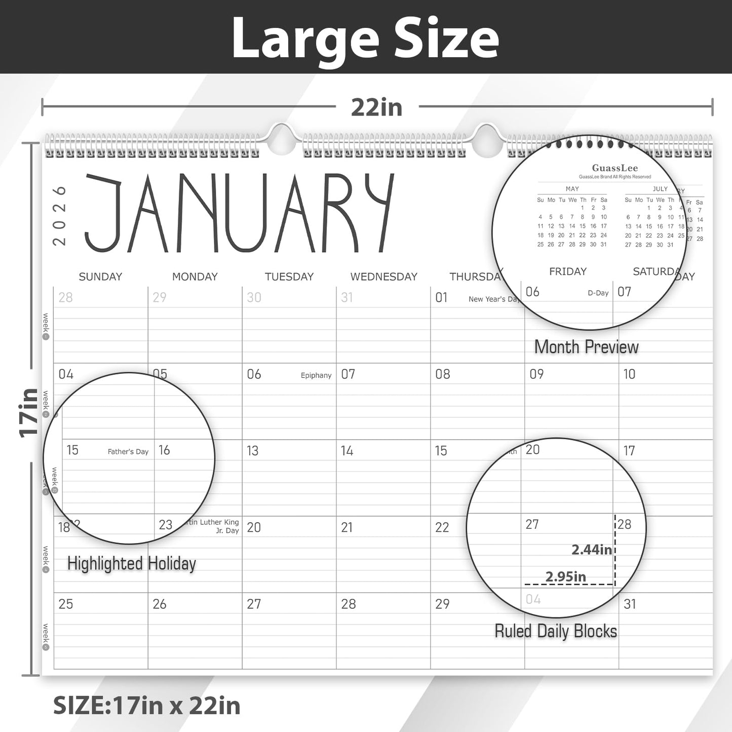 GuassLee Wall Calendar 2026-2027, 24-Month Wall Calendar Runs from January 2026 until December 2027,14" X 11" Hanging Monthly Planner with Thick Paper, Ruled Blocks for Home School Office Organizing