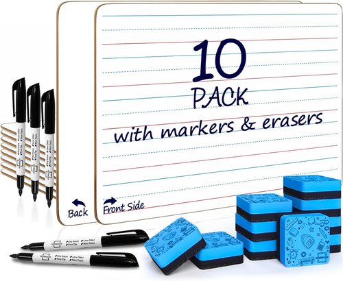 Scribbledo 10 Pack Double Sided Whiteboards Lined Dry Erase Board for Kids Ruled Writing Board Handwriting Practice for Kids Small White Board Dry Erase Boards Lines 9x12 Student 10 Dry Erase Markers