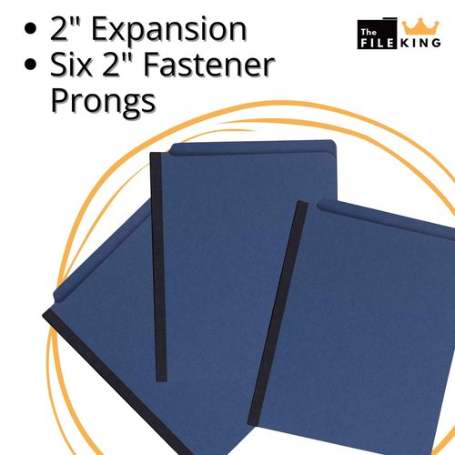 The File King Two Divider Pressboard Classification Blue File Folder - Letter Size | Box of 10 | End Tab | 2” Expansion | Six 2-Inch Fastener Prongs | Made in America