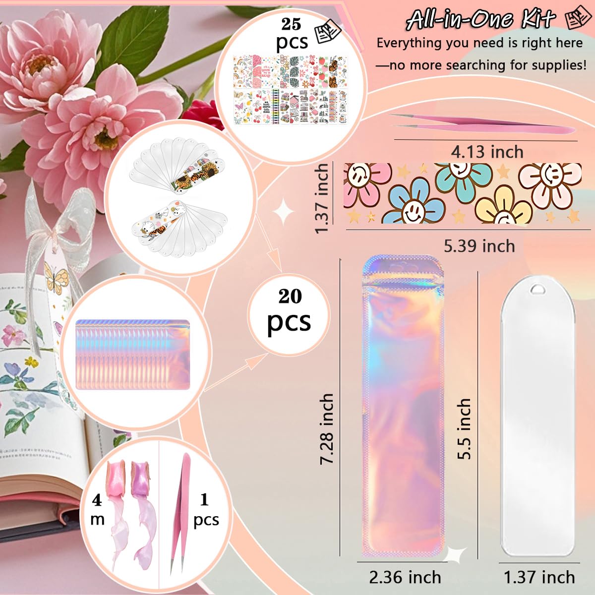 Qrhky 86PCS Acrylic Bookmark Blanks Kit, 20PCS Blank Bookmarks with 25PCS Mixed UV DTF Sticker, 20PCS Ribbon, 20 Holographic Bags, 1PCS Tweezers, Clear Bookmark Kit for DIY and Gifts