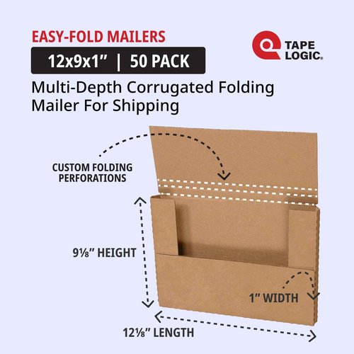 Tape Logic TLM1291 Easy-Fold Mailers, 12 1/8" x 9 1/8" x 1", White (Pack of 50)