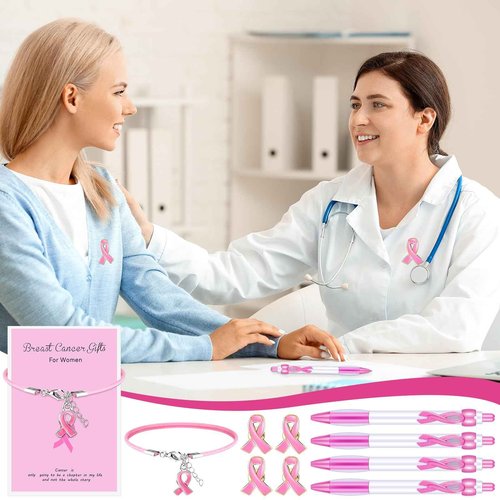 Ferreve 192 pcs Breast Cancer Awareness Items Bulk Pink Cancer Patients Survivor Gifts Include Pink Ribbon Pens Pins Bracelets Organza Bags Cancer Survivor Campaign Supplies for Theme Charity Event