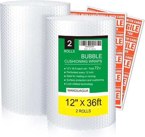 Perforated Bubble Packing Wrap - 12" x 72' | Heavy Duty Packing Tape 1.88" x 55 Yards - 6 Pack