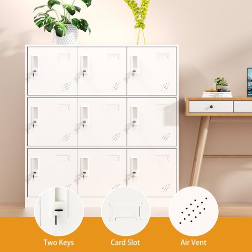 WISUNO 9 Doors Metal Lockers for Employees, Steel Storage Locker with Lock and Card Slot,Lockable Office Metal Storage for School Office Gym Bedroom,Garage (White)