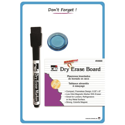 Charles Leonard Magnetic Mini Dry Erase Boards, 6-1/4" x 9", Marker w/Eraser and 1 Magnet, Blue Frame, Pack of 12