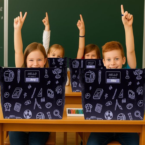 Succwoah 25-Pack Desk Dividers for Students with Privacy Shields, Ergonomic Arms Cutouts & Erasable Name Frames - Waterproof & Easy-to-Clean Test Dividers for Classroom, Exams, Office (Black)