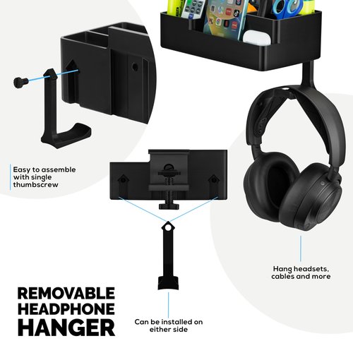 BRAINWAVZ Stationary Pen Holder with Headphone Hanger, Hobby Craft Home Office Organizer for Side of Desk, Shelves - Easy To Install, Adjustable Clamp