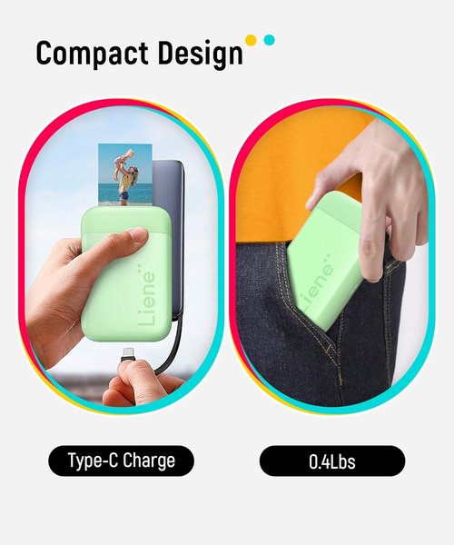 Liene Pearl K100 Photo Printer - Mini 2x3” Portable Instant Printer | Bluetooth 5.2, Green, 50 Zink Adhesive Paper