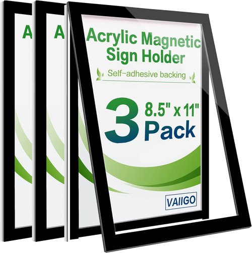Magnetic Acrylic Sign Holder by [Brand Name] - Wall-Mount Display Frame with Strong Adhesive | 8.5" x 11", Black, 3-Pack