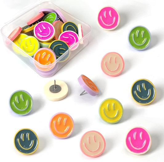 Skiennix Smiley Face Push Pins - Cute Decorative Thumbtacks for Office & Home Décor | 24 Colorful Set