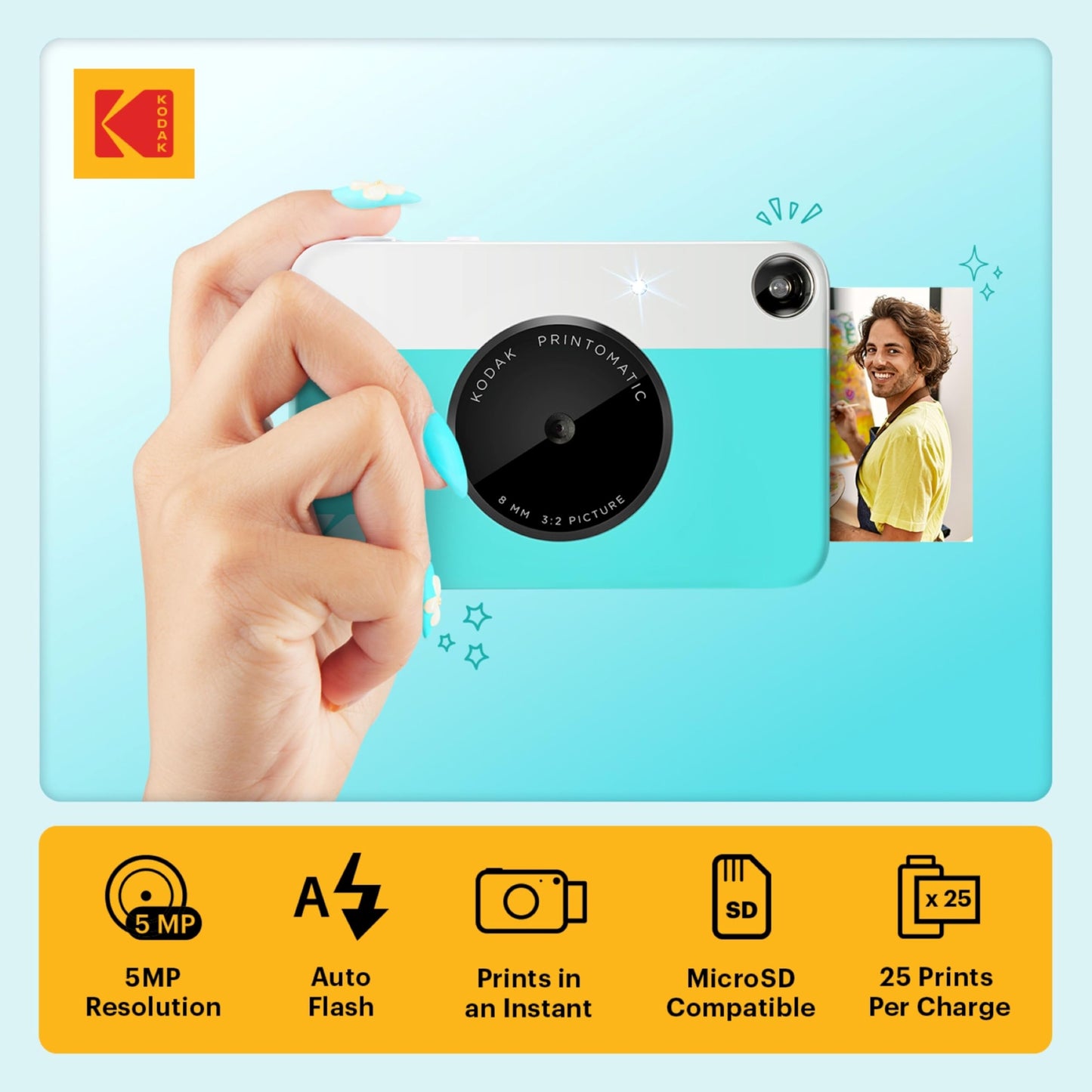 Kodak Printomatic Full-Color Instant Print Camera Starter Bundle + Carrying Case + Zink 20pk Photo Paper - Colorful Photos On 2x3 Sticky-Back Paper - Fun Gift for Birthday Christmas Holiday - Blue