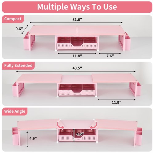 OPNICE Desk Dual Monitor Stand Riser - Wood Desk Organizer with Drawer and Pen Holders, Office Desk Accessories & Workspace Organization, Computer Monitor Stand for Laptop Printer, Girl Pink