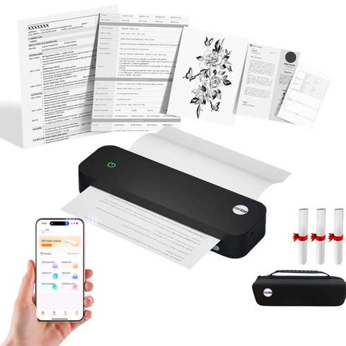 YUEBBB Portable Printer with case and Paper, Portable Printers Wireless for Travel, Inkless Thermal Printer, Support A4 & Letter Size Thermal Paper (with Case + 3 Roll Papers)
