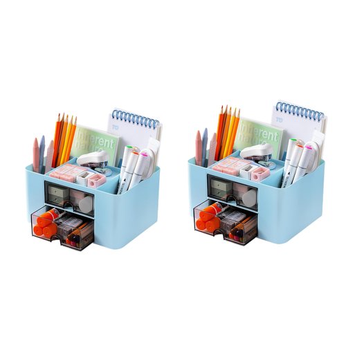 Moikiwi 2PCS Desk Organizer with 2 Drawers, Office Supplies Organizer, Cute Desk Accessories with Plastic, Pen Holder, Blue