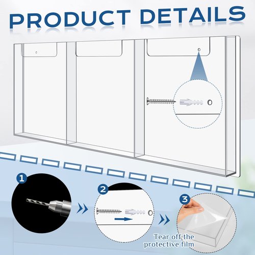 Sherr 1 Pc Acrylic Brochure Holder Wall Mount, 8.5 x 11 Inches Clear Hanging Flyer Display Holder Plastic Pamphlet Stand for Magazine, Booklet, Bookmark (Three-slot)