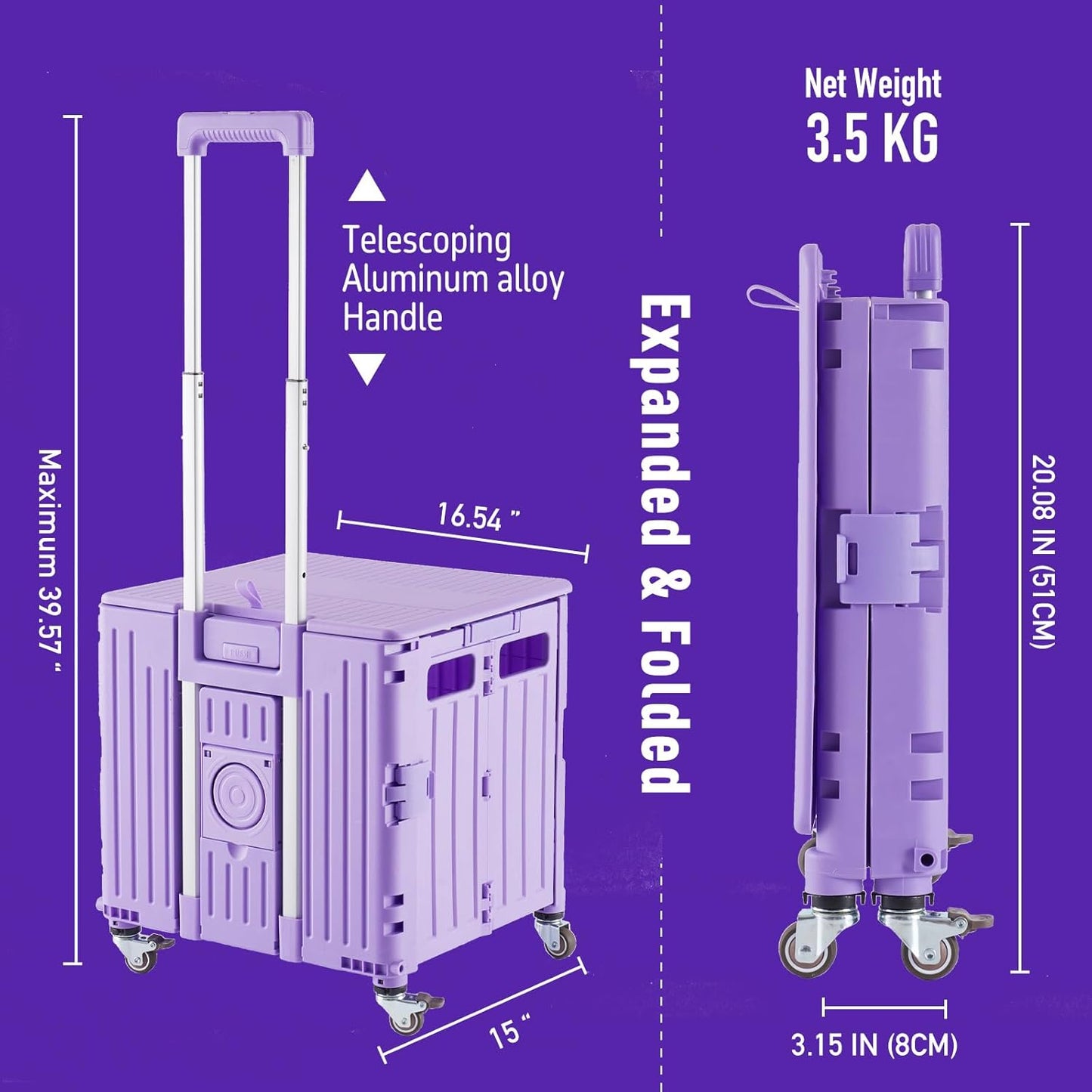 Skiennix Folding Utility Cart - Portable Rolling Handcart with Lid & 4 Swivel Wheels | Purple