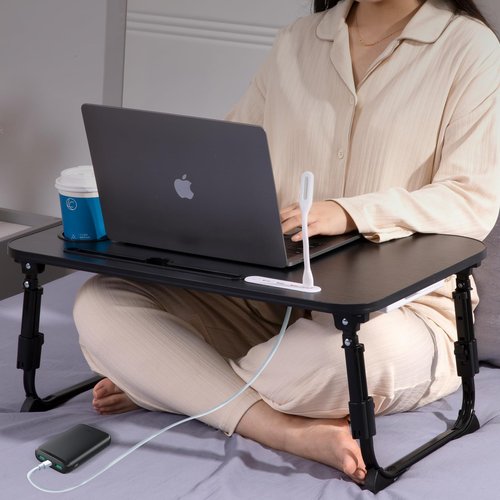 Laptop Desk for Bed, Height Adjustable Laptop Bed Table, Foldable Portable Lap Desk Stand with USB/Storage Drawer/Cup Holder/Slot, Breakfast Tray for Working Reading Writing Eating, Black