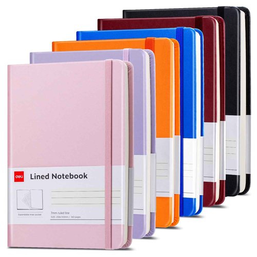 deli 6-Pack Lined Journal Notebook, 160 Pages Hardcover Writing Notebook, A5 (5.5"x8.2") College Ruled Notebook for Office, School, Work Notes