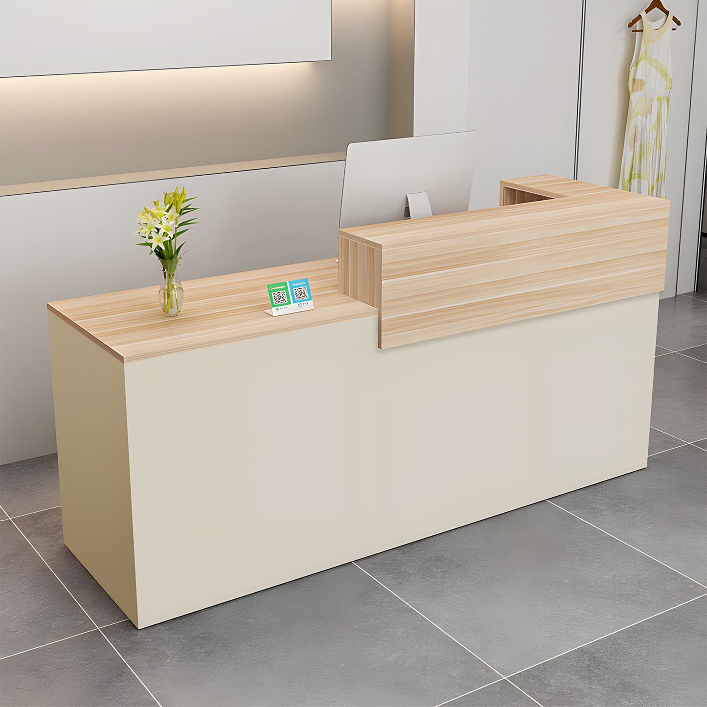 LSZMXI Modern Reception Desk with Drawer & Open Shelves, 39-95 Inch Front Counter Table, Computer Workstation Suitable for Salons, Offices, Lobbies, Retail Stores and Home Offices