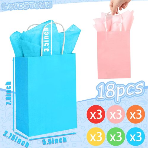 LovesTown Gift Bags - 18 Pack with Tissue Paper | 5.5 x 2.75 x 7.8 Inches | Colorful Party Favor Bags for Birthdays & Weddings