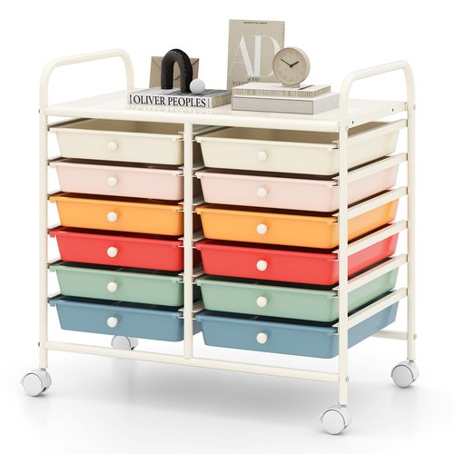 RELAX4LIFE 12-Drawer Rolling Storage Cart - Mobile Utility Cart on Wheels for School Classroom Teacher Office Salon, Paper File Art Supply Craft Organizer, Rolling Cart with Drawers (Macaron)