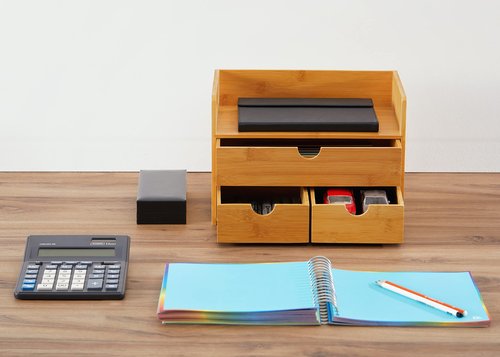 RoyalHouse Premium Natural Bamboo Desktop Organizer, Attractive Design 3 Tier, Table Top Storage for Documents & Office Supplies, Accessories And More, No Assembly Required (3 Drawer with Shelf)
