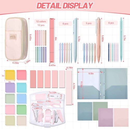 Sinload 72 Pcs Aesthetic School Supplies with Pencil Case 4 Prong Folders 12 Highlighters 20 Mechanical Pencil Pen 500 Sheets Transparent Sticky Note Tabs Stationery for College Office(Pink)
