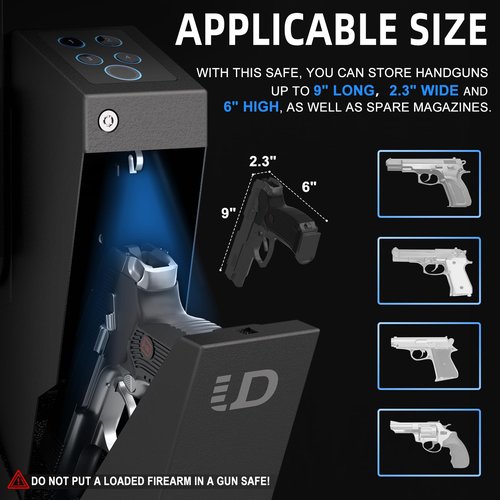 Urban Deco Gun Safe for Handgun Drop Down,Quick Access Pistol Safe Mounted Single Biometric Safes For Nightstand, Desk, Bedside,Vehicle Handgun Safe Auto Open - With Fingerprint, Pin Code, Key Access