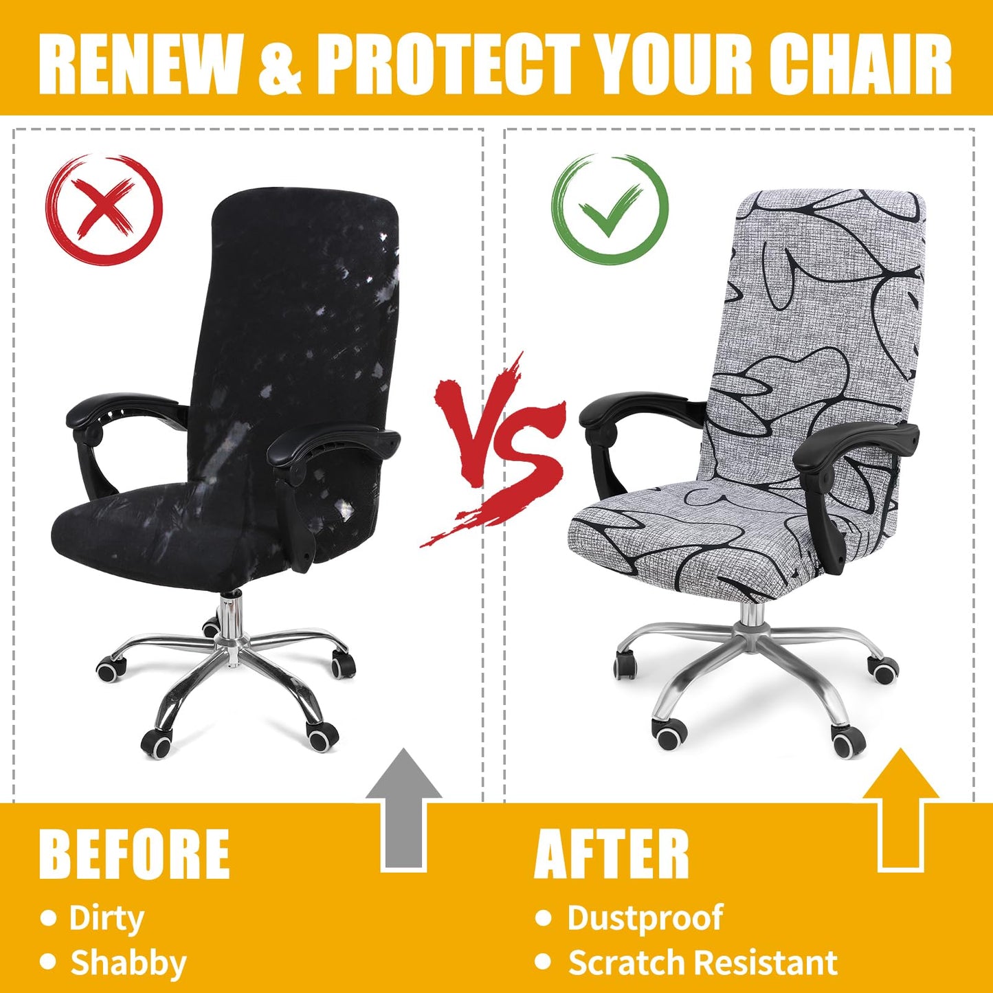 Smiry Stretch Printed Office Computer Chair Covers, Universal Desk Rotating Chair Slipcovers Removable Washable, Soft Fit Anti-Dust Spandex Protector Cover with Zipper, Grey and Black