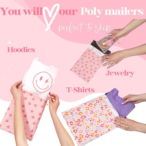Pretty Package Store 6x9 Designer Poly Mailer 100 Pack Heavy Duty Waterproof Self Seal Shipping Bags for Small Business Large Mailing Envelopes Bulk Tear Resistant Cute Packaging Pink Bows Coquette