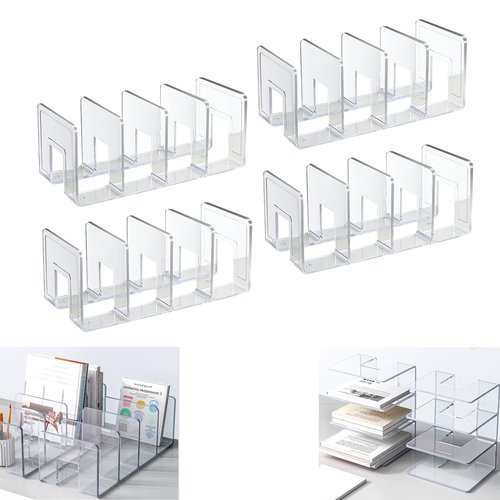 Acrux7 4 Pack Clear Acrylic File Organizer 4 Sections Acrylic Desk File Sorter 12.8 x 5.6 x 5.1 Inch Vertical Desk File Organizer, Acrylic Dividers for Office Home Shelves Book Mail Purse Handbag