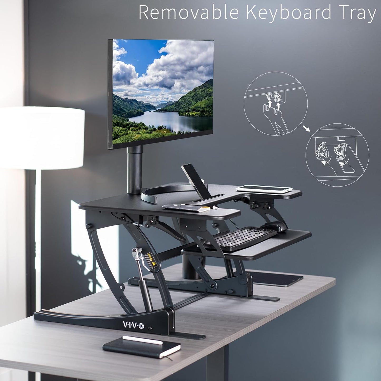 VIVO Height Adjustable Stand Up Desk Converter - Dual Monitor Riser Workstation, Black, 32 Inch