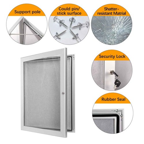 corpuwn Locking Enclosed Bulletin Board Aluminum Memo Board Wall Mount Noticeboard with Rubber Seal Tamperproof Single Door Display Case for Indoor Or Outdoor Use, 26.8×20 in