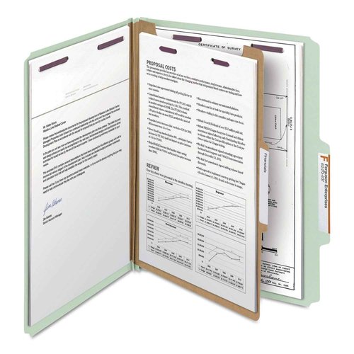 Smead Pressboard Classification File Folder with SafeSHIELD Fasteners, 1 Divider, 2" Expansion, Letter Size, Gray/Green, 10 per Box (13776)