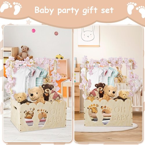 Wooden Baby Shower Crate Closet with Hangers & Handle, Large Wooden Crate for Baby Shower Gifts Display, Newborn Welcome Basket, Nursery Storage & Decor Organizer (Footprint)